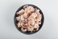 A bowl of peeled fresh raw white shrimp with tail Royalty Free Stock Photo