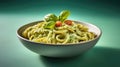 Bowl of pesto pasta on a green background