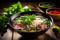 Bowl of Pho Noodle Soup With Meat and Vegetables, A steaming bowl of Vietnamese pho with fresh herbs, AI Generated Royalty Free Stock Photo