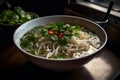 A bowl of pho, Vietnam\'s famous rice noodle soup, garnished with cilantro, lime, bean sprouts and chili peppers. Capture the