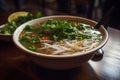 A bowl of pho, Vietnam\'s famous rice noodle soup, garnished with cilantro, lime, bean sprouts and chili peppers. Capture the