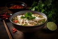 A bowl of pho, Vietnam\'s famous rice noodle soup, garnished with cilantro, lime, bean sprouts and chili peppers. Capture the