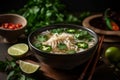 A bowl of pho, Vietnam\'s famous rice noodle soup, garnished with cilantro, lime, bean sprouts and chili peppers. Capture the