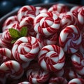 a bowl piled with red and white peppermints. Christmas spiral candy canes.