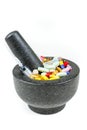 Bowl of pills and syringes addiction concept Royalty Free Stock Photo