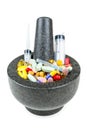 Bowl of pills and syringes addiction concept Royalty Free Stock Photo