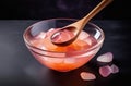 bowl of pink sea salt with wooden spoon on dark background. product for skin care, bath procedures Royalty Free Stock Photo