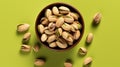Photo of a bowl of pistachio nuts on a green background