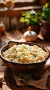 A bowl of a plate full of food on top of some wood, AI