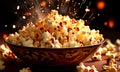 Bowl of popcorn with exploding kernels in dark setting Royalty Free Stock Photo