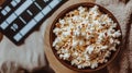 A bowl of popcorn beside a film clapperboard on a wooden table Royalty Free Stock Photo