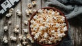 A bowl of popcorn beside a film clapperboard on a wooden table Royalty Free Stock Photo