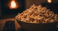 Bowl of Popcorn with Remote by Fireplace in Dimly Lit Room Royalty Free Stock Photo