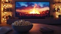 Bowl of popcorn in front of a tv with a fire displayed on the screen Royalty Free Stock Photo