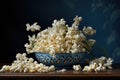 Bowl of popcorn on wooden table and dark blue wall background, Recreation artistic still life of popcorn in a bowl, AI Generated