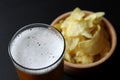 Bowl of potato chips and a glass of wheat beer