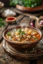 A bowl of pozole, a popular Mexican soup made with hominy and either pork or chicken, with a rustic backdrop