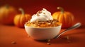 Bowl of pumpkin ice cream with whipped cream and pumpkins