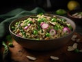 Bowl of quinoa with asparagus, peas and almonds