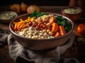 Bowl of quinoa, carrots and kale on a wooden table