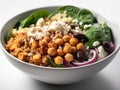 Bowl of quinoa, chickpeas, spinach and olives