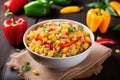 bowl of quinoa with mixed bell peppers and sweet corn