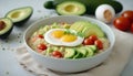 Bowl of quinoa porridge with avocado, tomato and egg. Generative AI