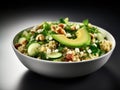 Bowl of quinoa salad with avocado, cucumber and nuts