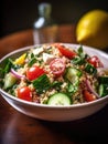 Bowl of quinoa salad with tomatoes and cucumbers