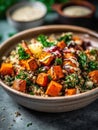 Bowl of quinoa with sweet potatoes and kale