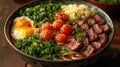 Bowl of ramen with beef egg and vegetables. Bowl of noodle for eating with a bowl of meat Royalty Free Stock Photo