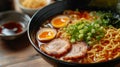 A bowl of ramen with meat and eggs in a black bowl, AI Royalty Free Stock Photo