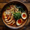 A bowl of ramen soup with meat and eggs served on a wooden table Royalty Free Stock Photo