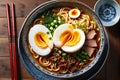 Bowl of ramen, top view, rich golden broth with spiraling noodles at the center, half-soft-boiled egg glistening