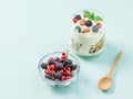 A bowl of raspberries and currants and a glass of yogurt on a blue background