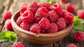 A bowl of raspberries on a wooden table with leaves, AI Royalty Free Stock Photo