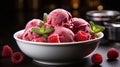 A bowl of raspberry ice cream with raspberries. Generative AI.