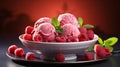A bowl of raspberry ice cream with raspberries. Generative AI.