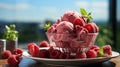 A bowl of raspberry ice cream with raspberries. Generative AI.