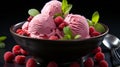 A bowl of raspberry ice cream with raspberries. Generative AI. Royalty Free Stock Photo