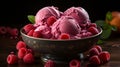 A bowl of raspberry ice cream with raspberries. Generative AI.