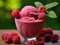 a bowl of raspberry ice cream with raspberries and leaves