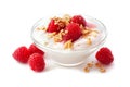 Bowl of raspberry yogurt with granola and berries over white Royalty Free Stock Photo