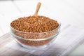 Bowl of raw buckwheat on wooden background. Buckwheat groats hulled seeds in bowl