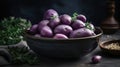 Bowl of raw purple potatoes, thyme and peeler on dark background, generative ai