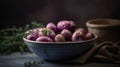 Bowl of raw purple potatoes, thyme and peeler on dark background, generative ai