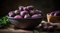 Bowl of raw purple potatoes, thyme and peeler, generative ai Royalty Free Stock Photo