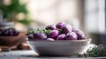 Bowl of raw purple potatoes, thyme and peeler, generative ai Royalty Free Stock Photo