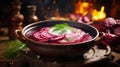 Bowl of red beet root soup borsch. Generative AI