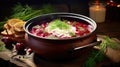 Bowl of red beet root soup borsch. Generative AI